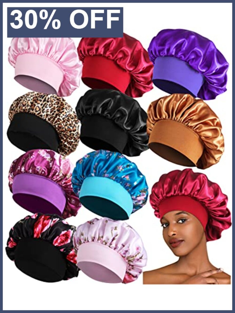 10 Pack Satin Bonnets for Women Wide Band Sleeping Hair Bonnet